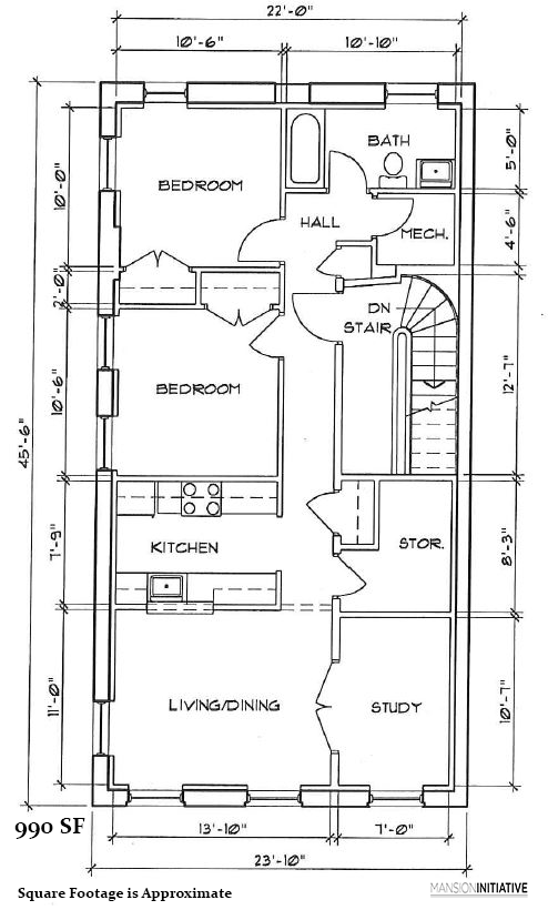 Floor plan for 2 beds, 1 bath, 990 sqft